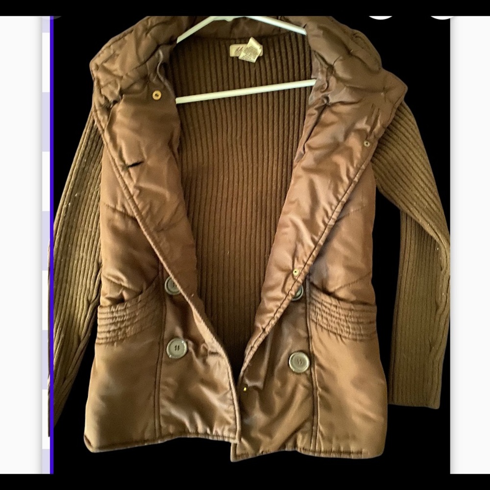 Gently used button up jacket, All polyester, except back and sleeve is acrylic.